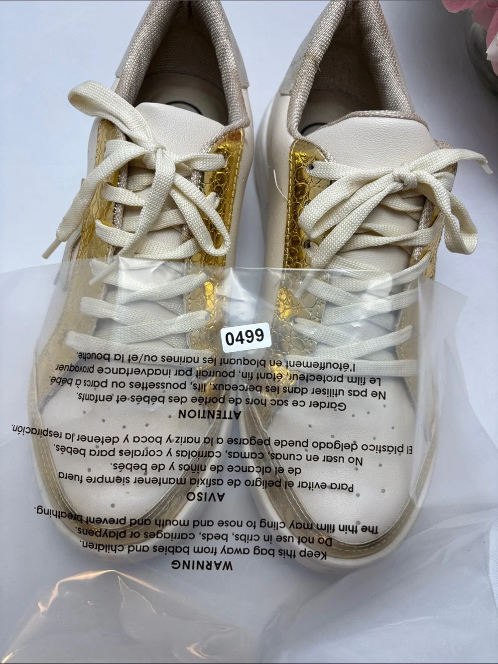 MKS Women’s 9 Cream‎ & Gold Metallic SnakeSkin Low-Top Sneakers #499